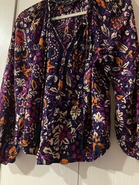 Rachel Zoe Purple, Orange and Cream Floral Tie-Neck Blouse